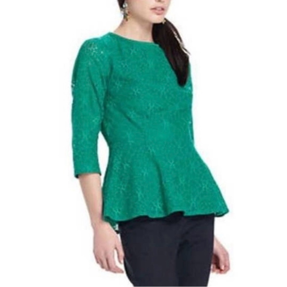 Anthropologie Moulinette Soeurs Kelly Green Lace Peplum Blouse Size 8